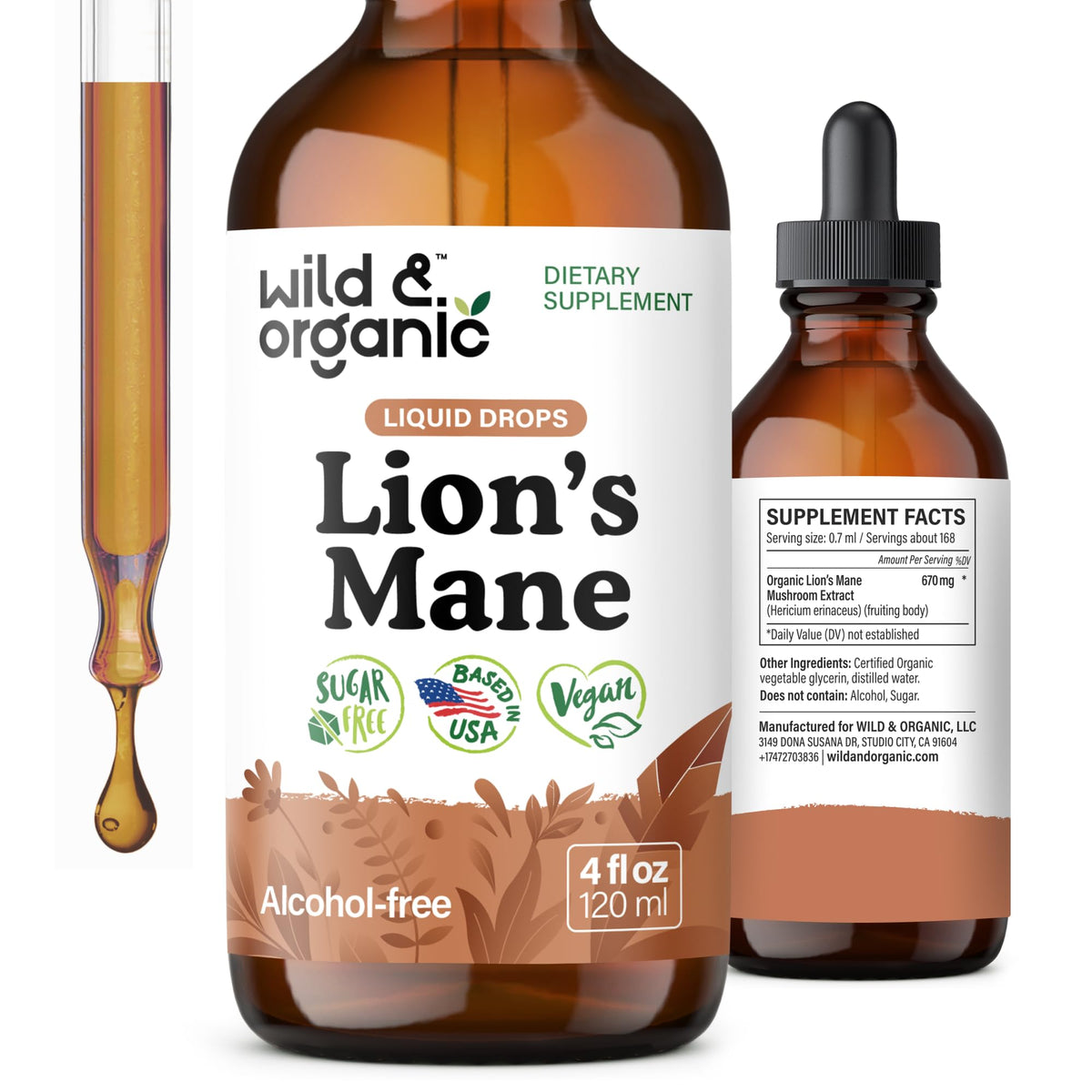Wild & Organic melena de león gotas en botella para enfoque diario.