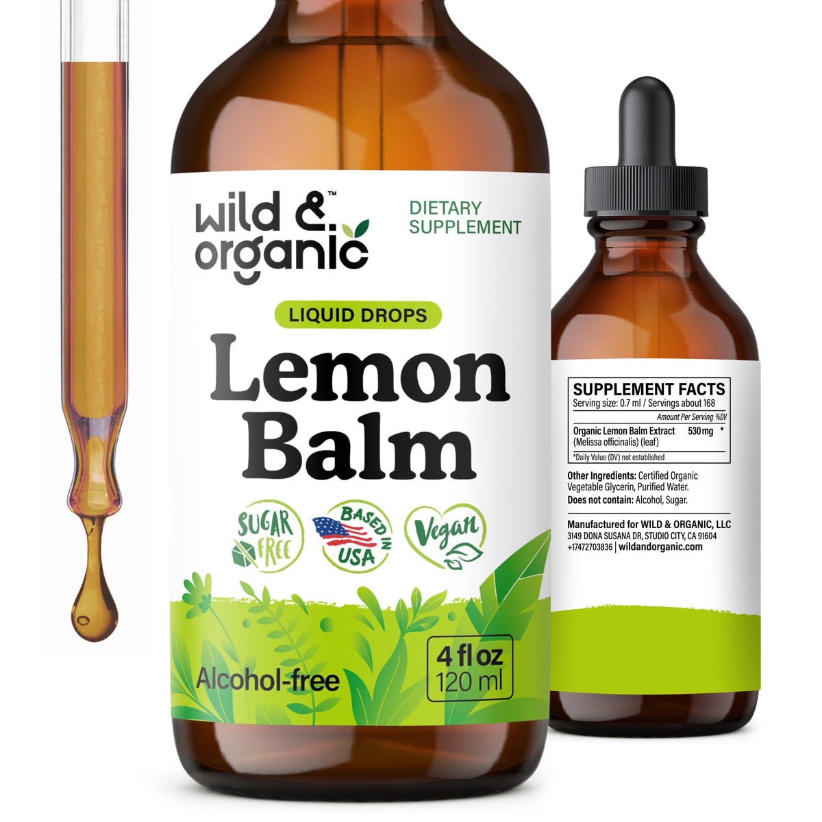 Wild & Organic Melisa Tintura Frasco: aroma suave para relajación diaria.