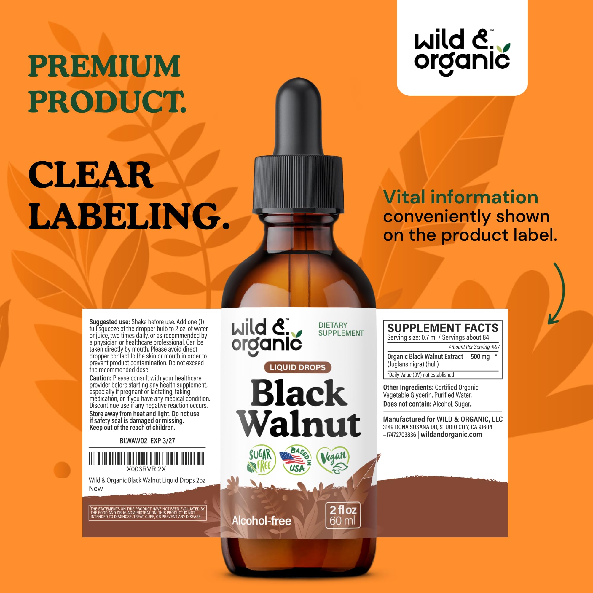 Instrucciones de uso de dos veces diarias para Wild & Organic tintura.