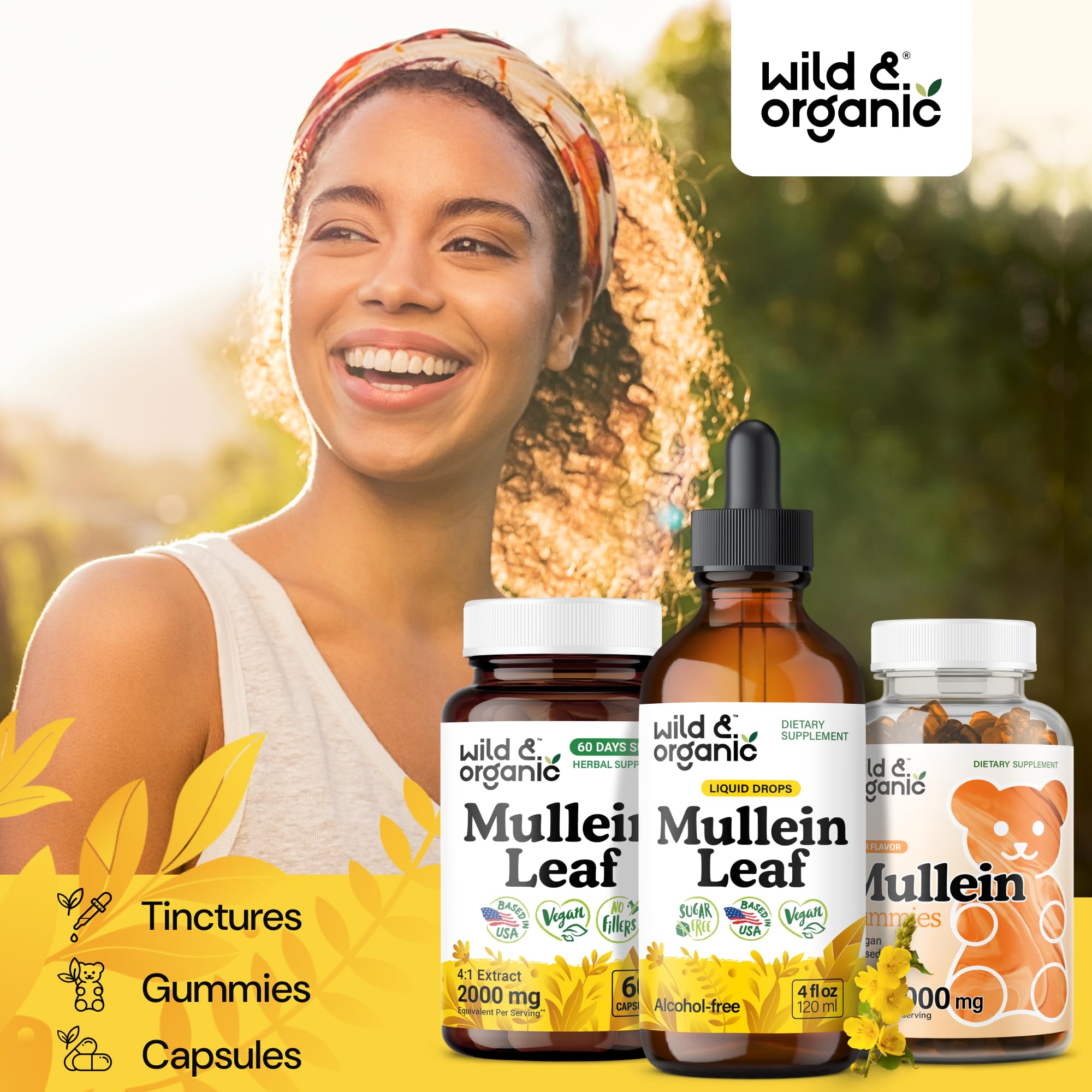Gotas Wild & Organic Mullein, base de glicerina vegetal sin alcohol.