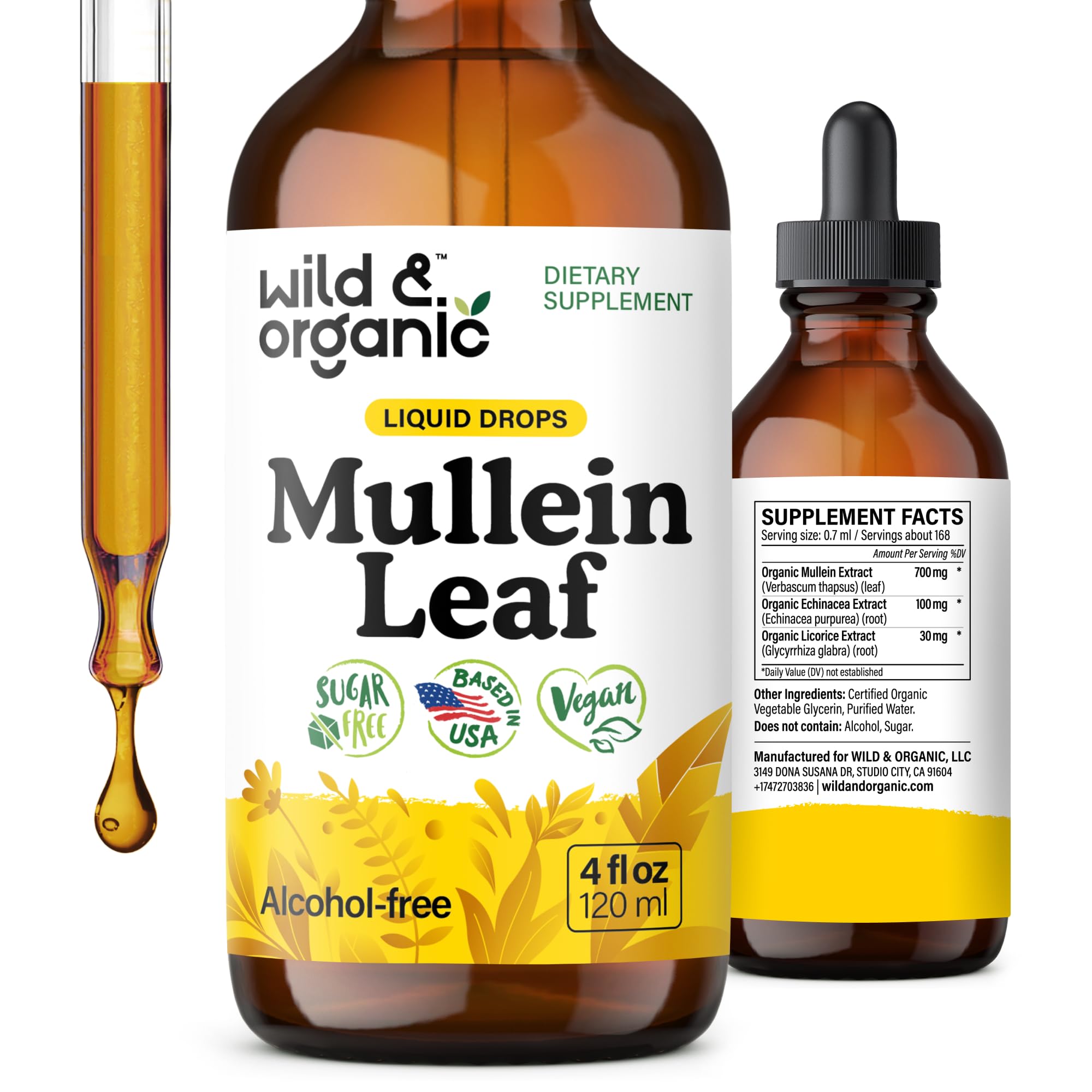 Gotas Wild & Organic Mullein para pulmones, botella lista para uso diario.