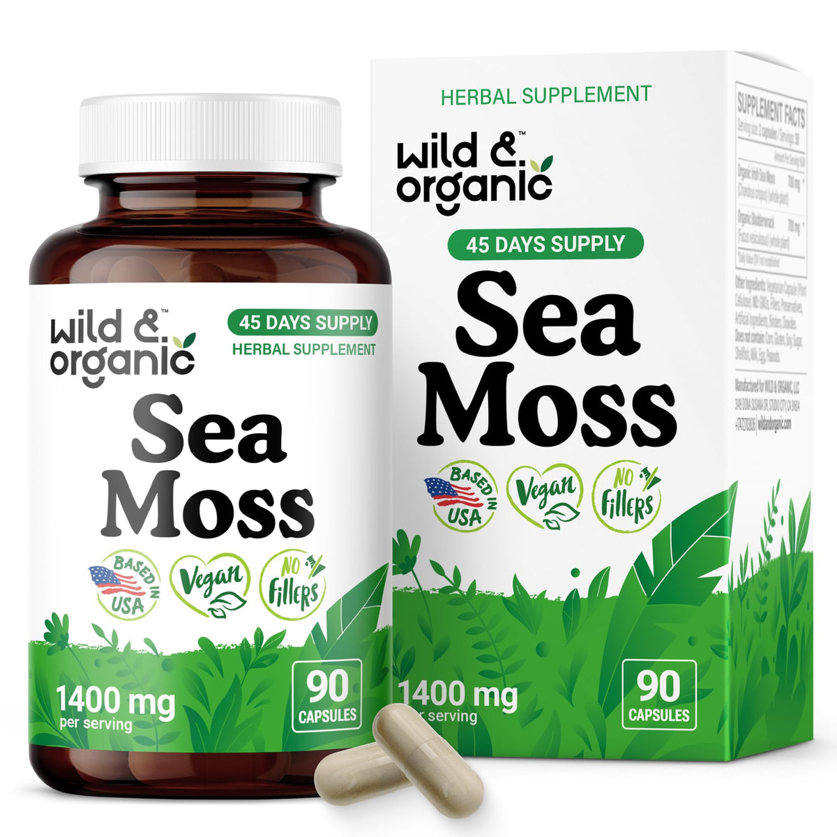 Wild & Organic capsulas de musgo de mar, bote: posible apoyo al bienestar.