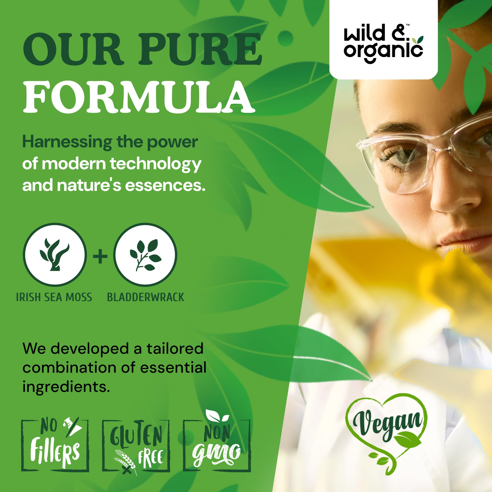 Wild & Organic capsulas de musgo de mar, dosis diaria: suministro de 45 dias.