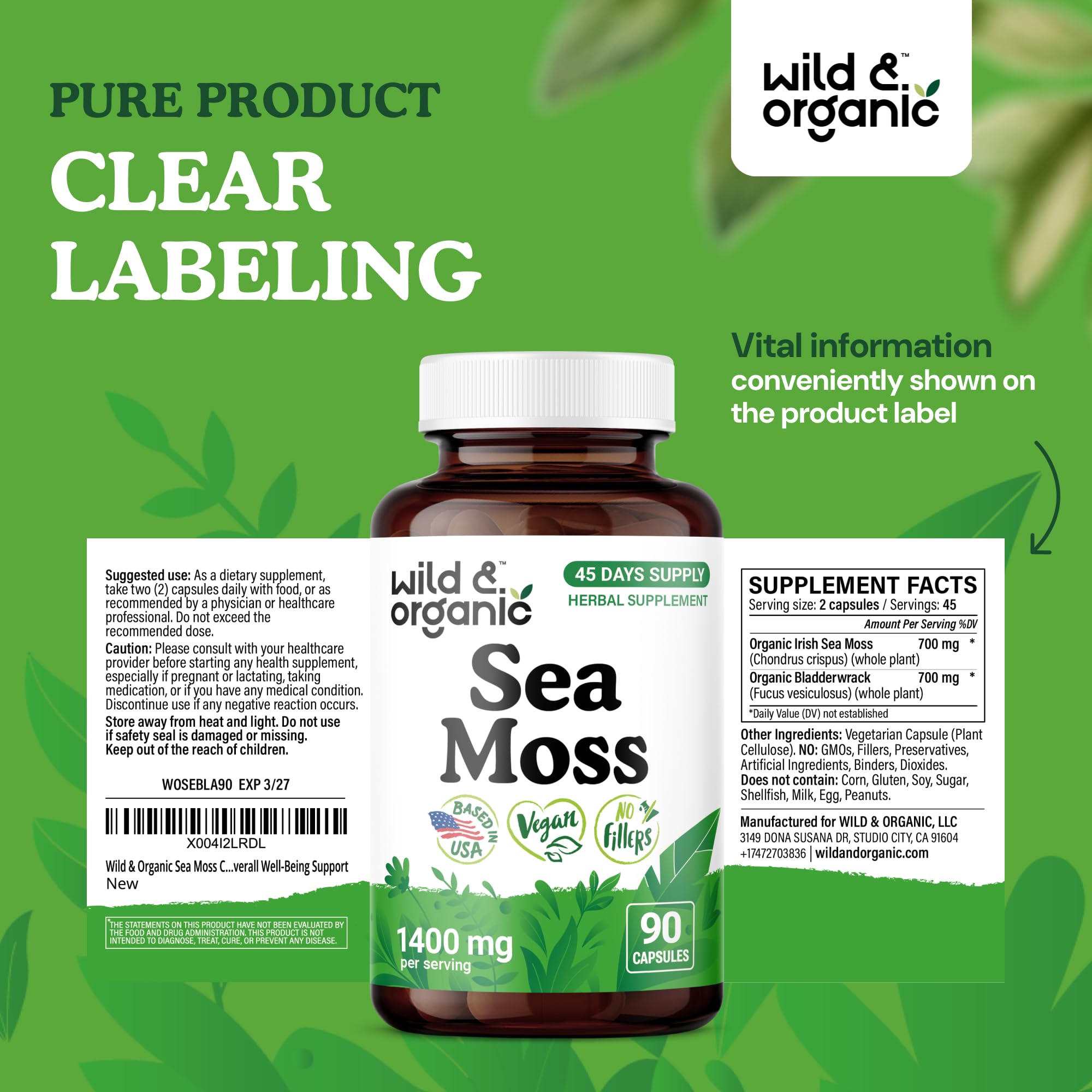 Wild & Organic capsulas de musgo de mar, en mesa: uso cotidiano.