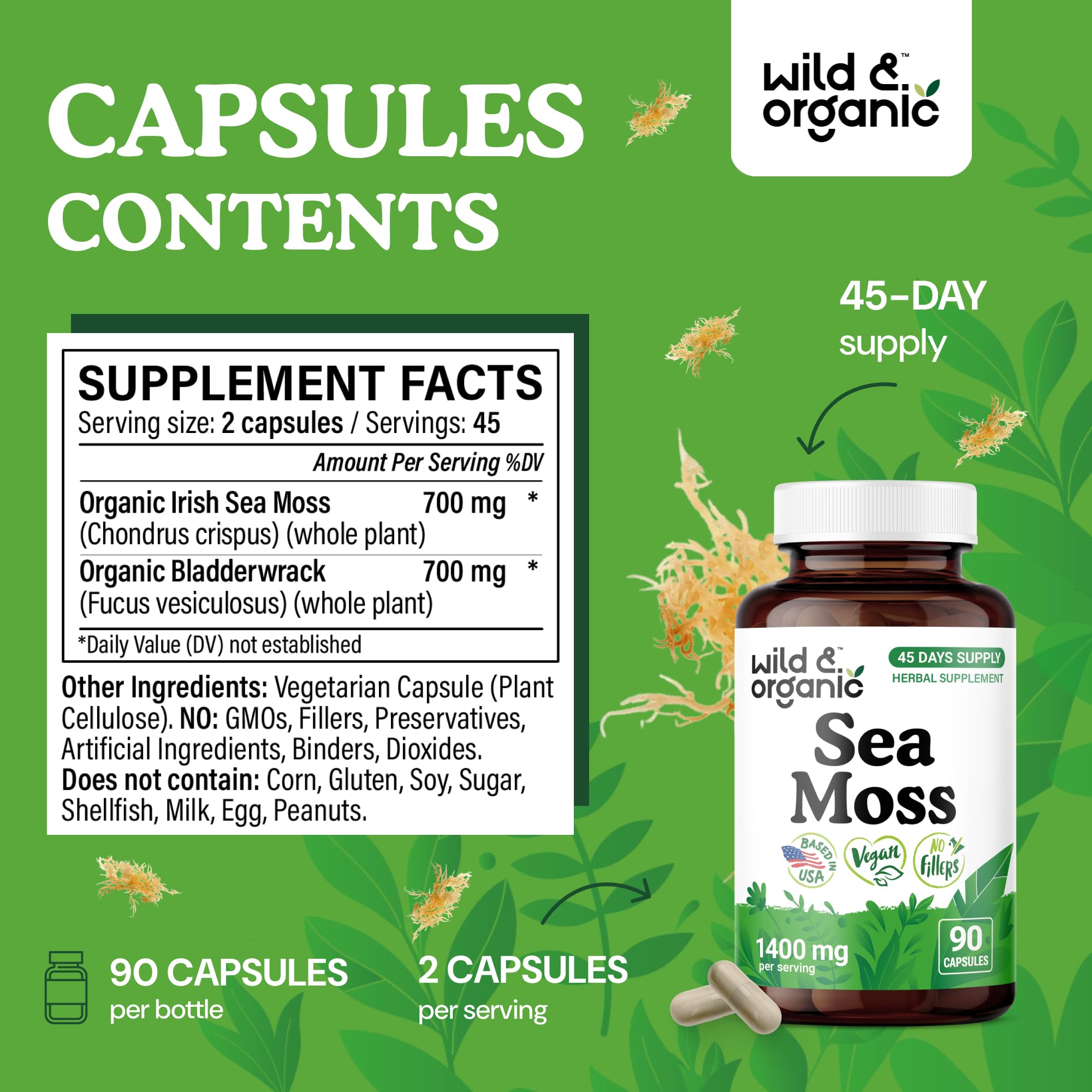 Wild & Organic capsulas de musgo de mar, reverso: lista de ingredientes.