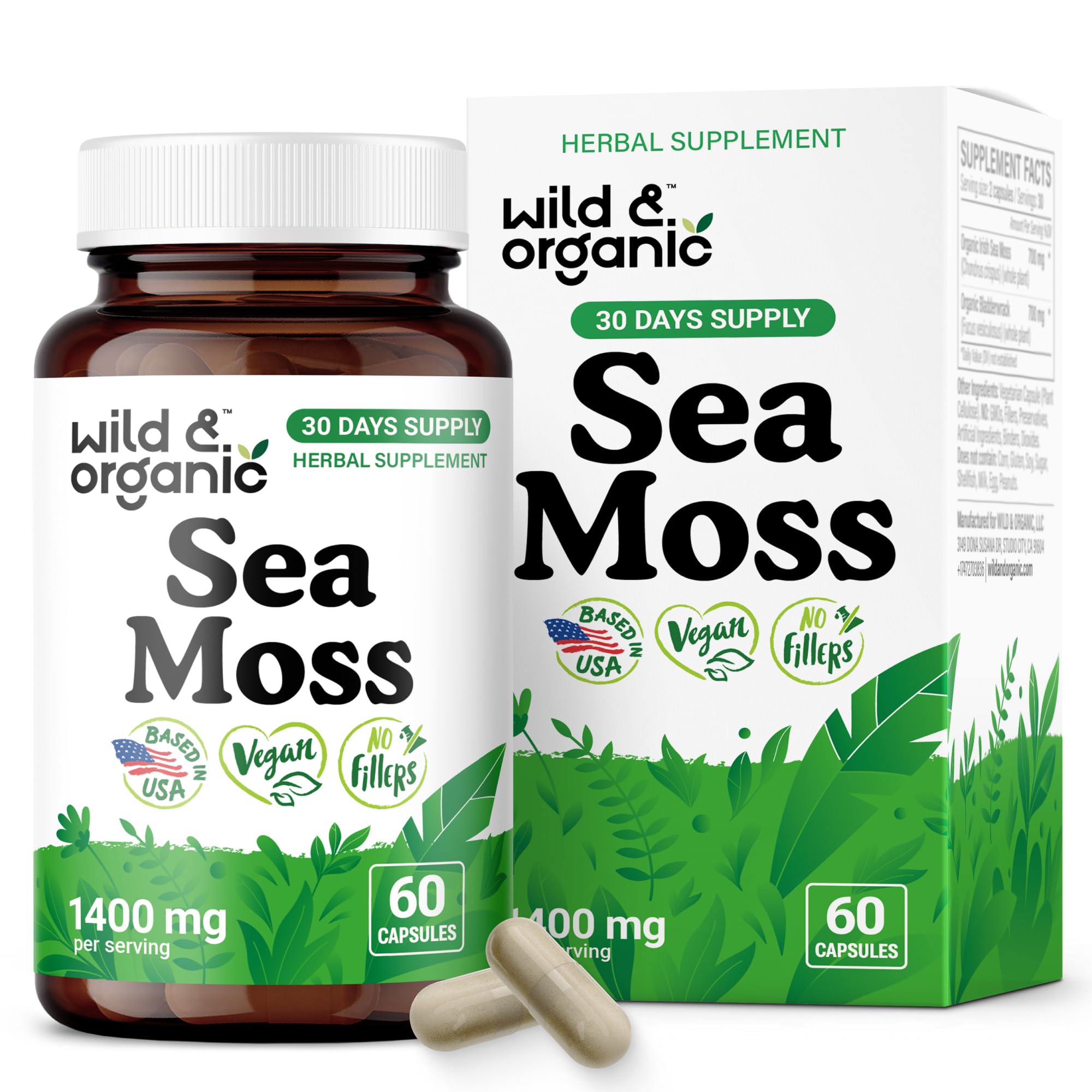 Cápsulas Wild & Organic de musgo mar irlandés en envase para bienestar diario.