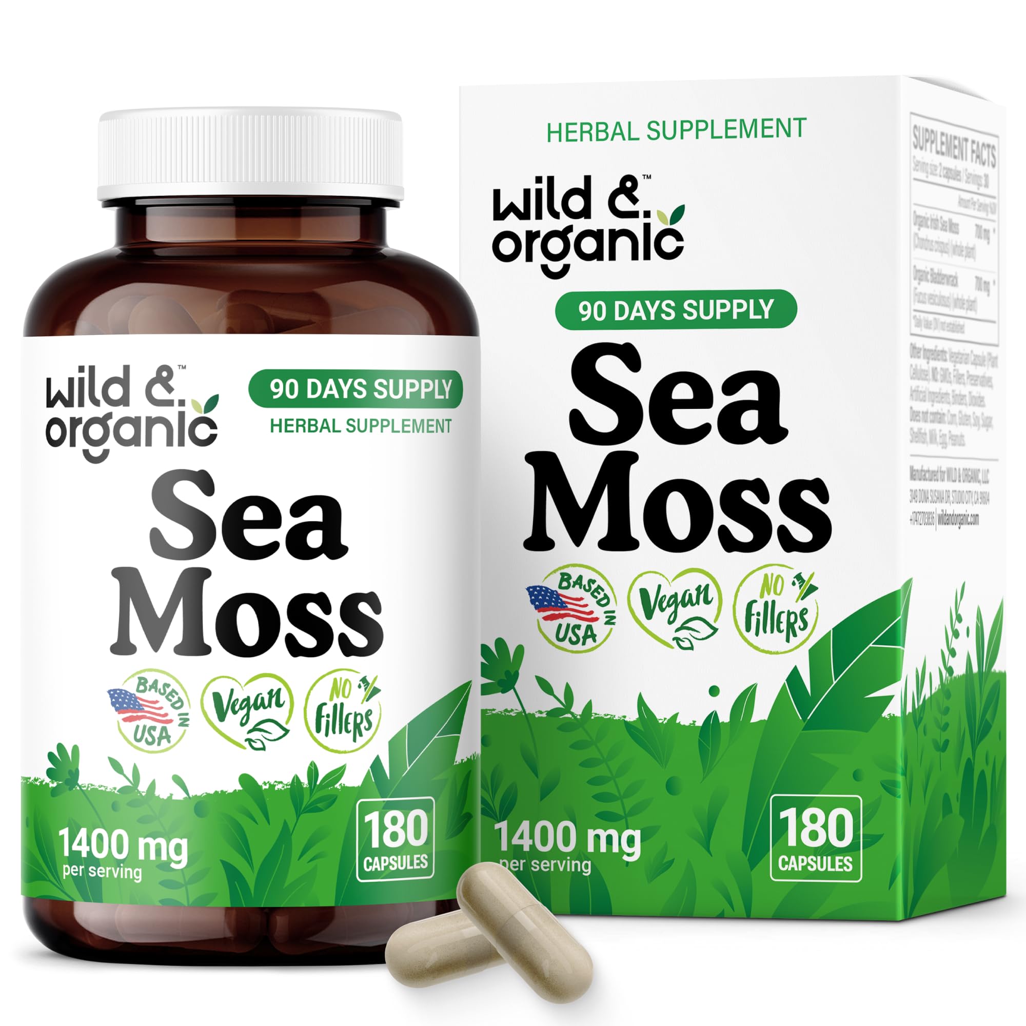 Wild & Organic Cápsulas de musgo marino, botella visible para consumo diario.