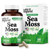 Wild & Organic Cápsulas de musgo marino, botella visible para consumo diario.