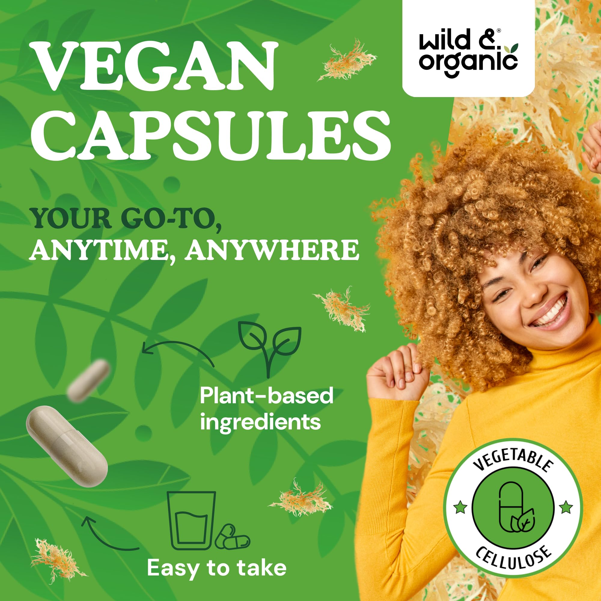 Wild & Organic Cápsulas de musgo marino: ingredientes veganos certificados.