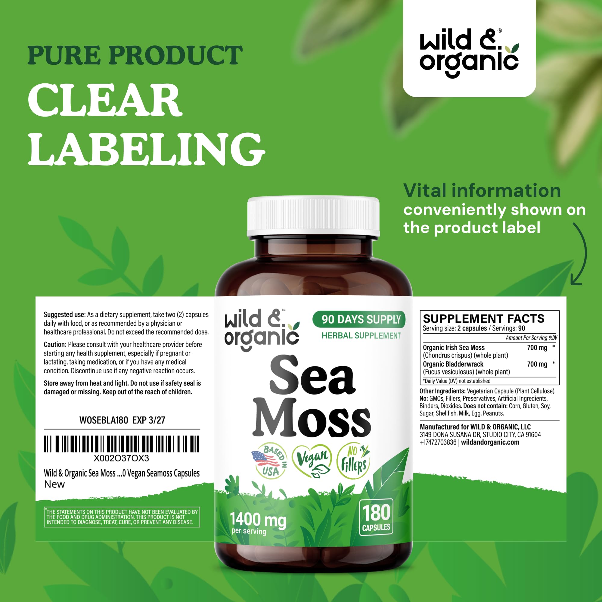 Wild & Organic Cápsulas de musgo marino: presentación de 180 cápsulas.