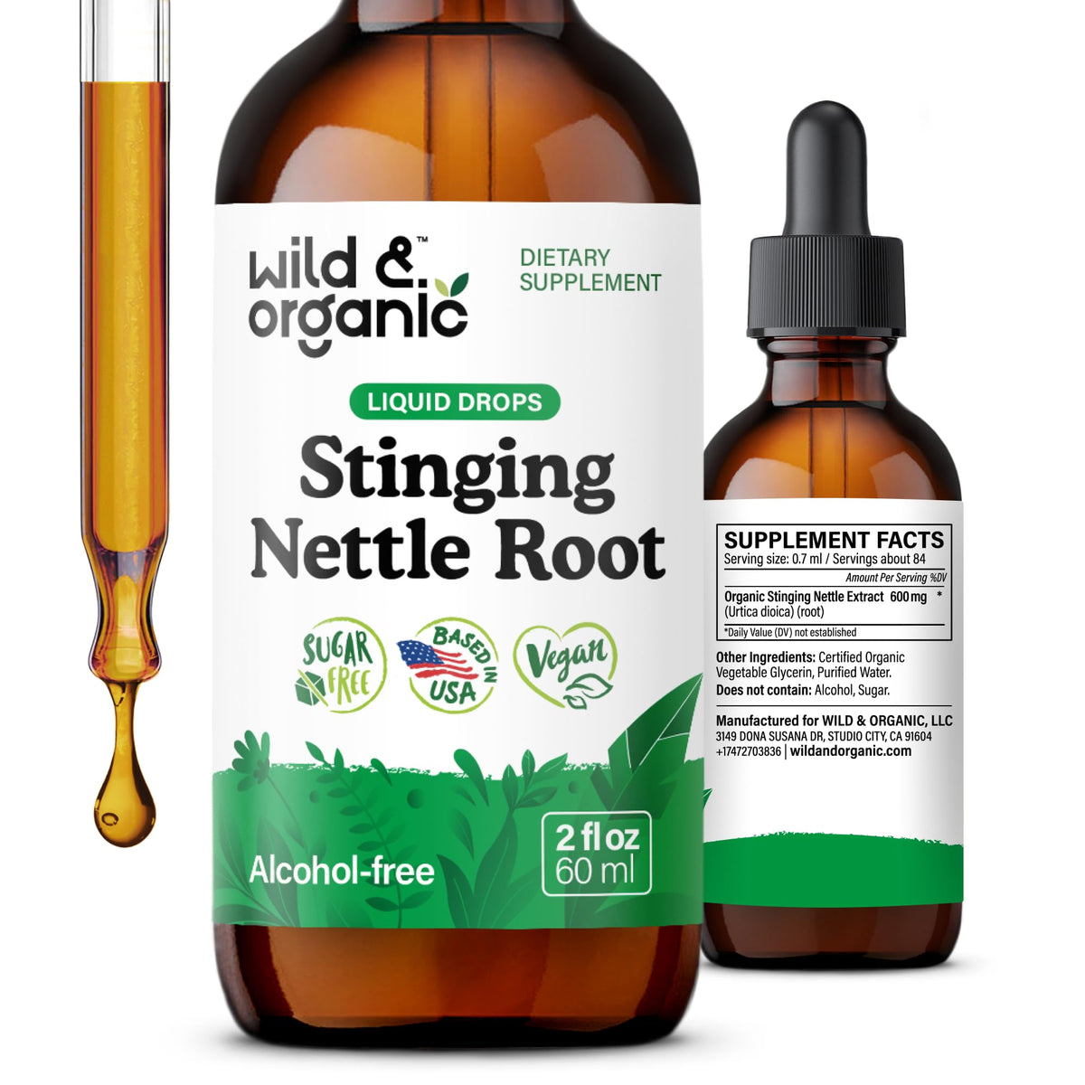Wild & Organic Ortiga raiz gotas, botella con gotero para apoyar el tracto urinario