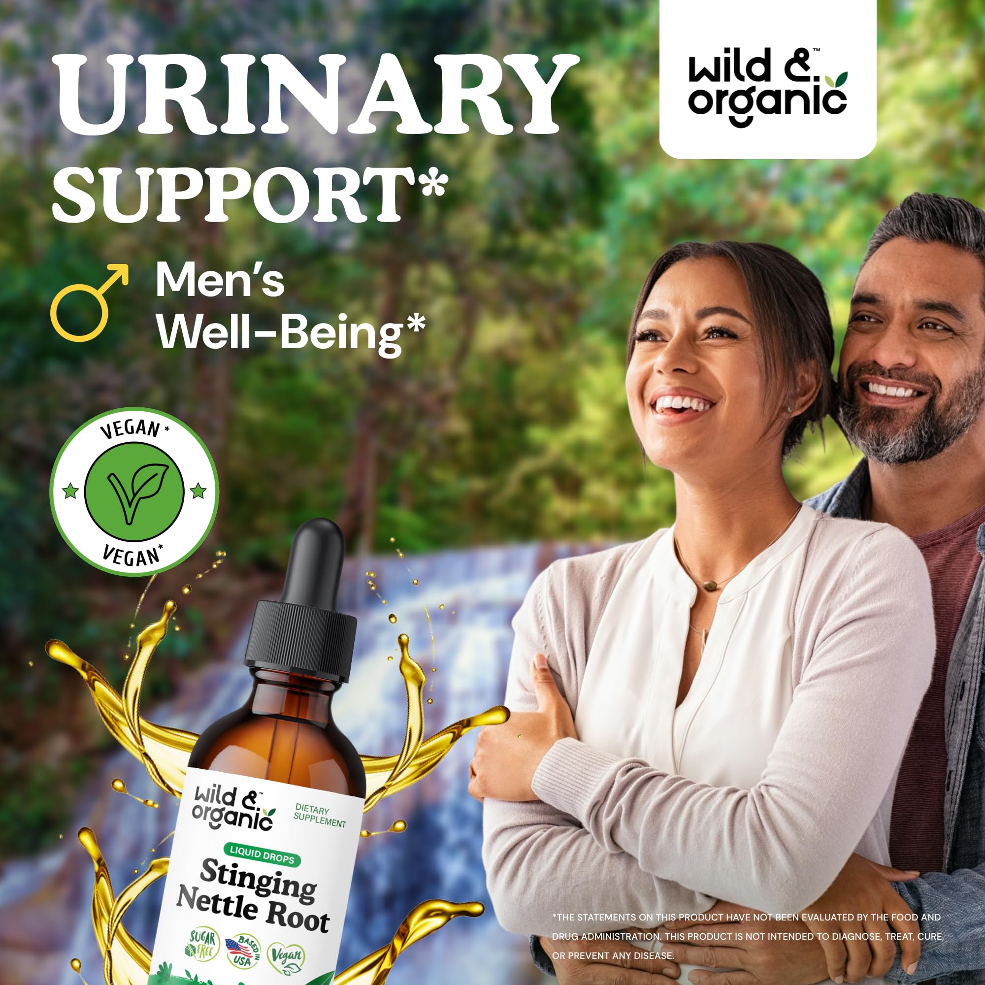 Wild & Organic Ortiga raiz gotas, primer plano de gotero para uso diario