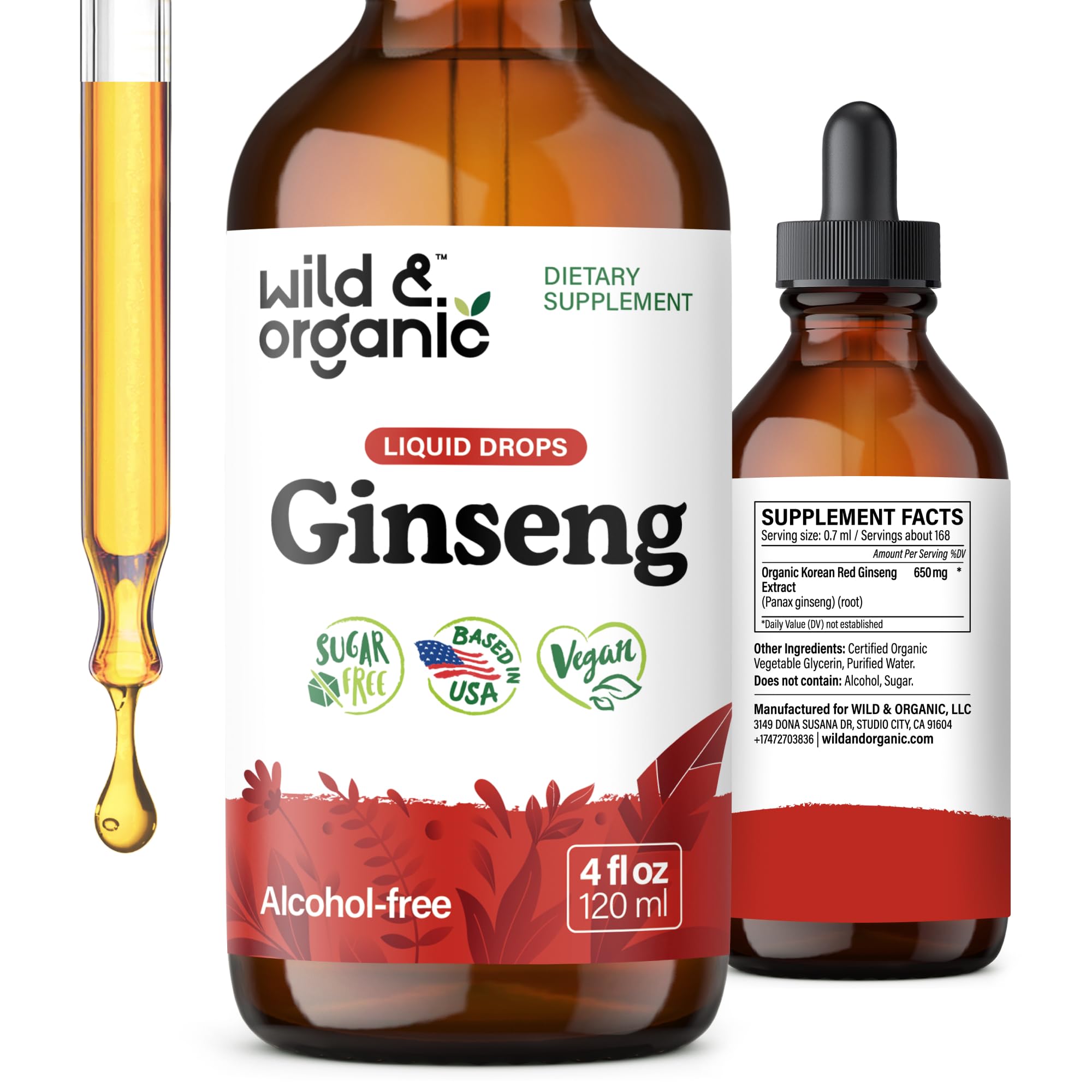 Wild & Organic extracto líquido de ginseng Panax coreano, frasco de 4 onzas para bienestar general.