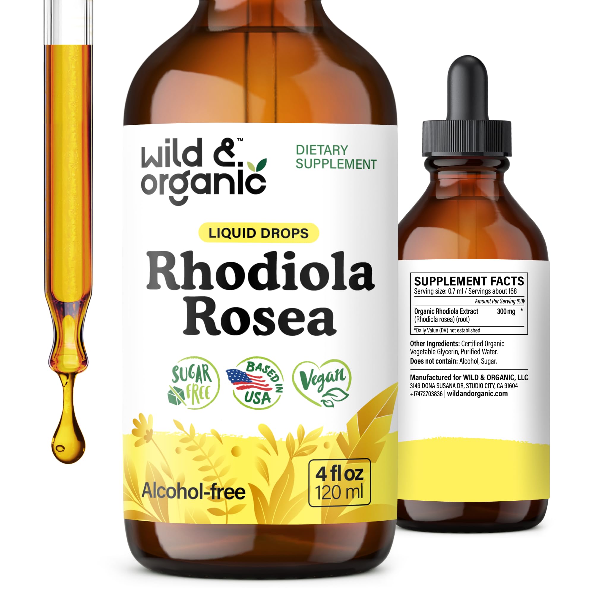 Wild & Organic Rhodiola Rosea Tintura: botella con gotero para uso diario relajante