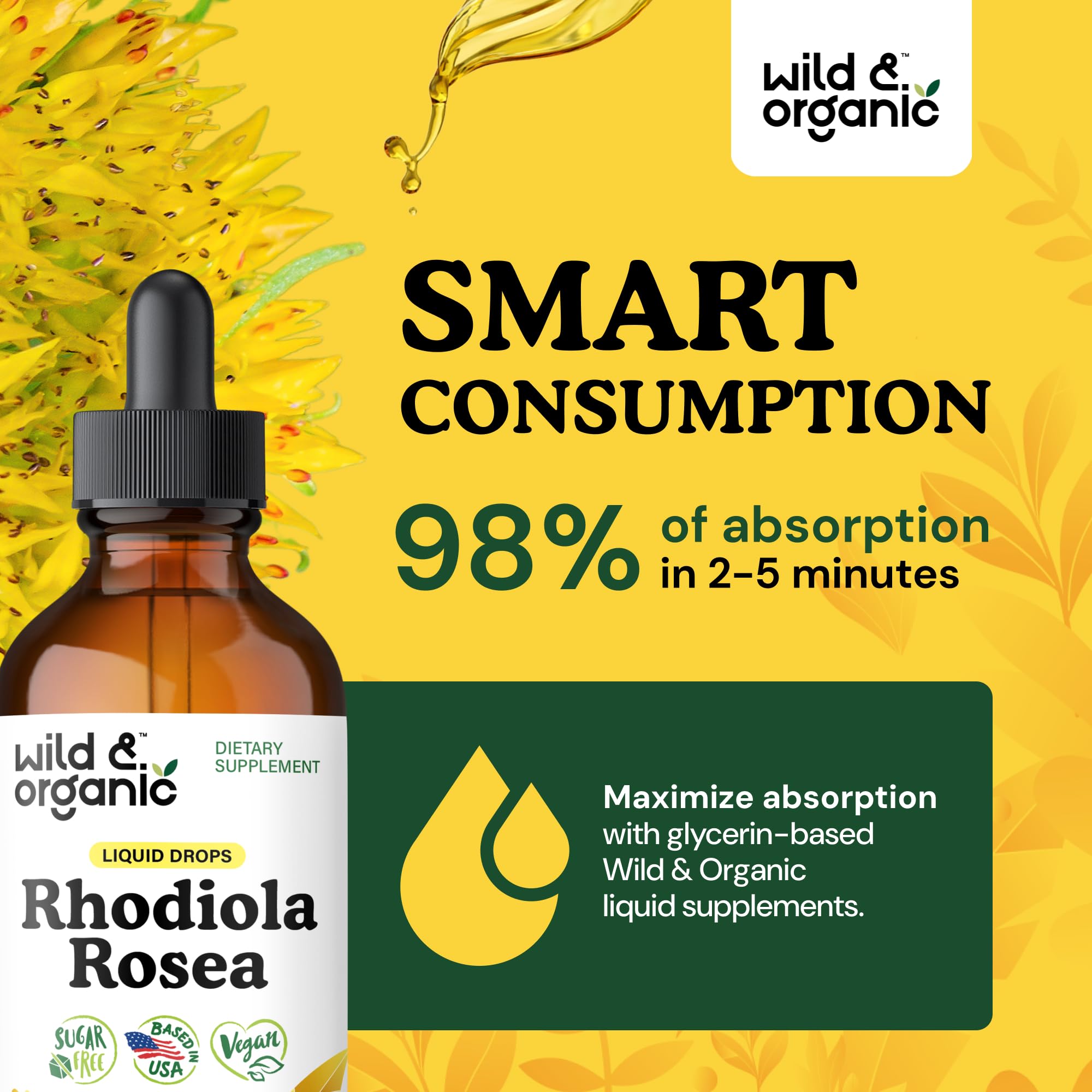Wild & Organic Rhodiola Rosea Tintura: etiqueta clara con ingredientes veganos
