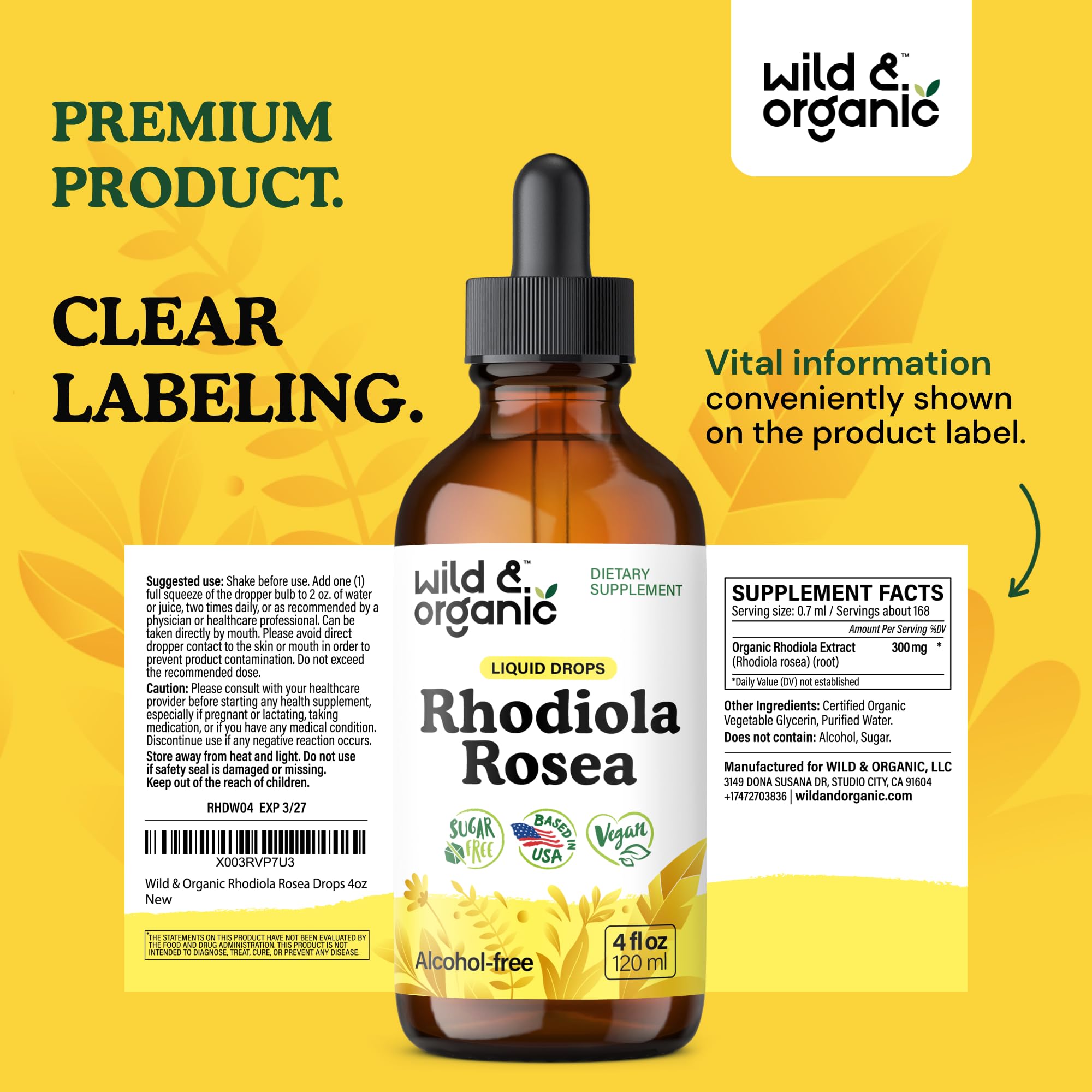 Wild & Organic Rhodiola Rosea Tintura: extracto de raíz calmante para ánimo estable