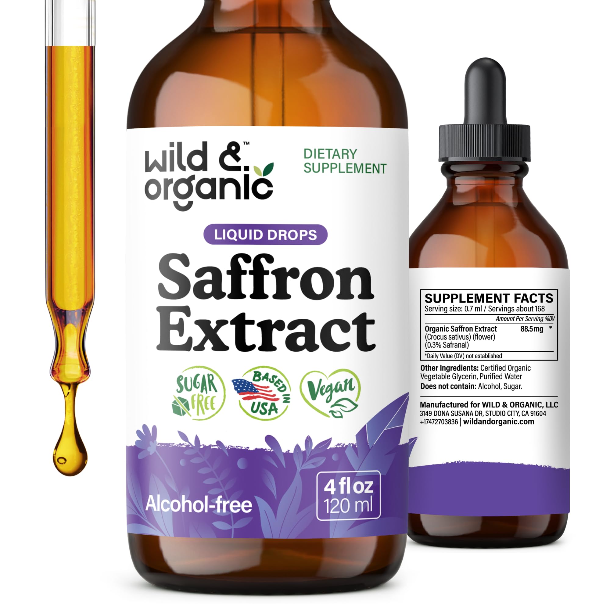 Wild & Organic azafrán, botella frontal, posible apoyo para ánimo y foco diario
