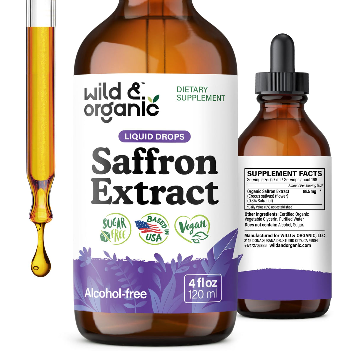 Wild & Organic azafrán, botella frontal, posible apoyo para ánimo y foco diario