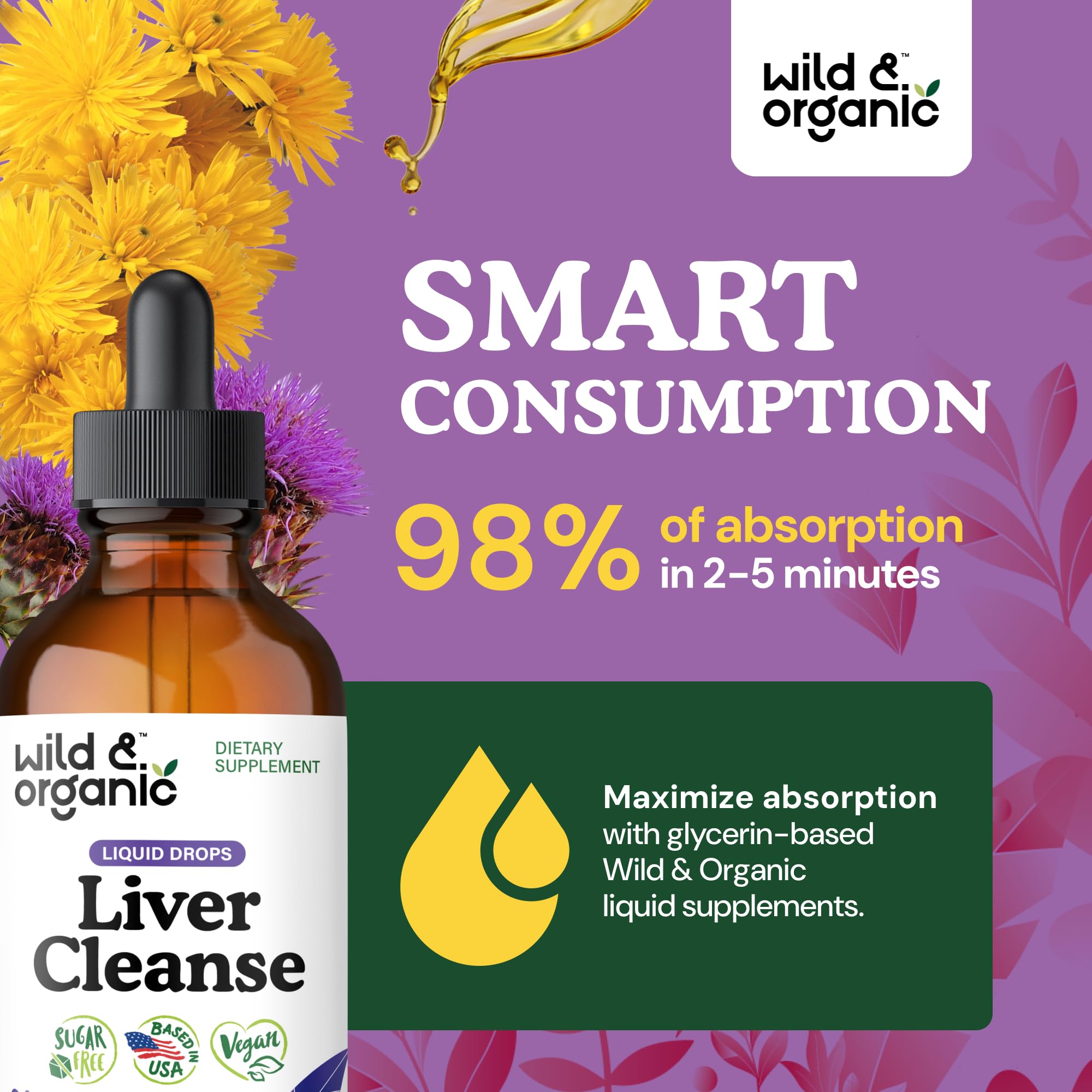 Wild & Organic fórmula sin alcohol, gotas veganas de fácil digestión.
