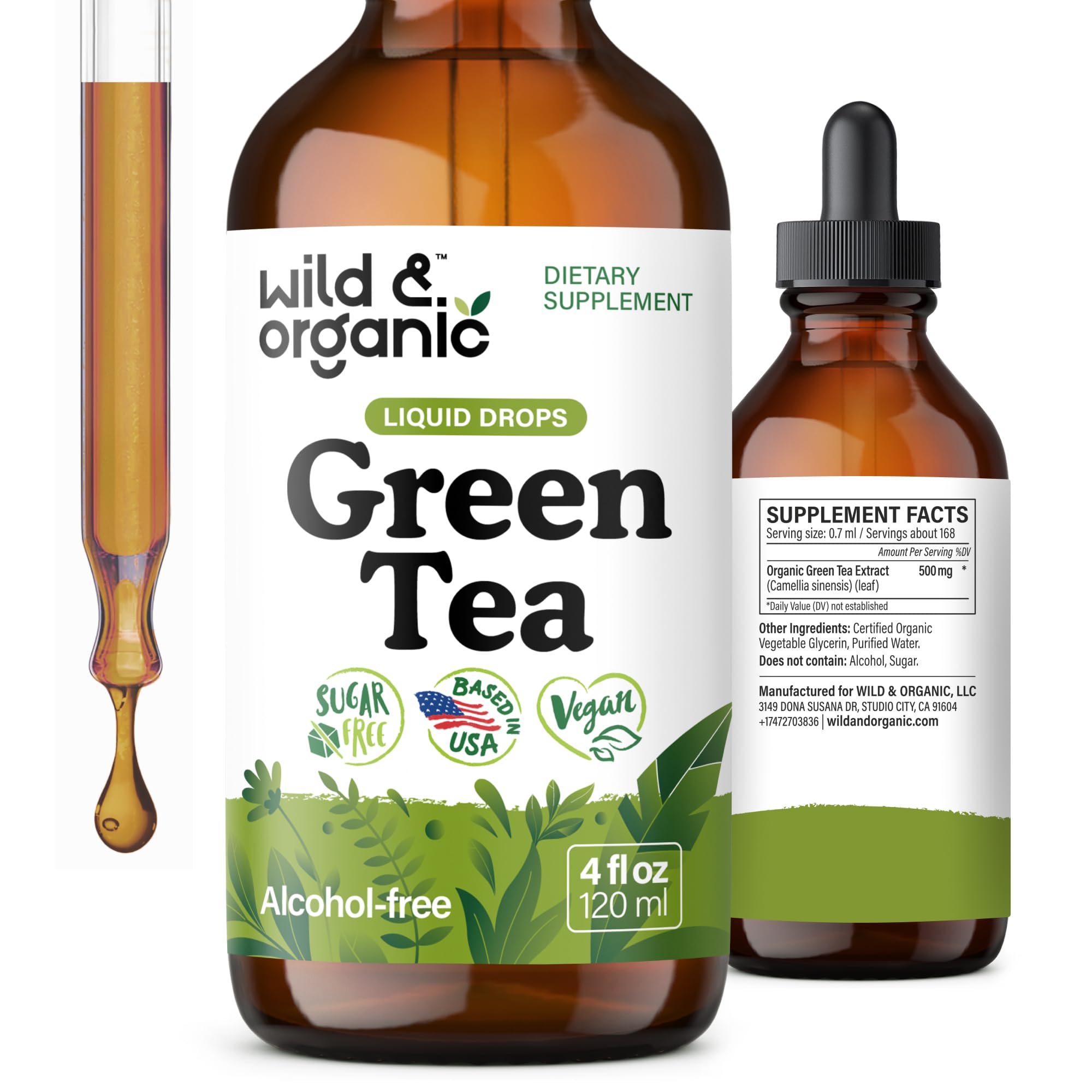 Wild & Organic té verde en gotas, botella visible, posible aporte antioxidante diario.