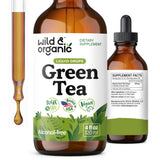 Wild & Organic té verde en gotas, botella visible, posible aporte antioxidante diario.