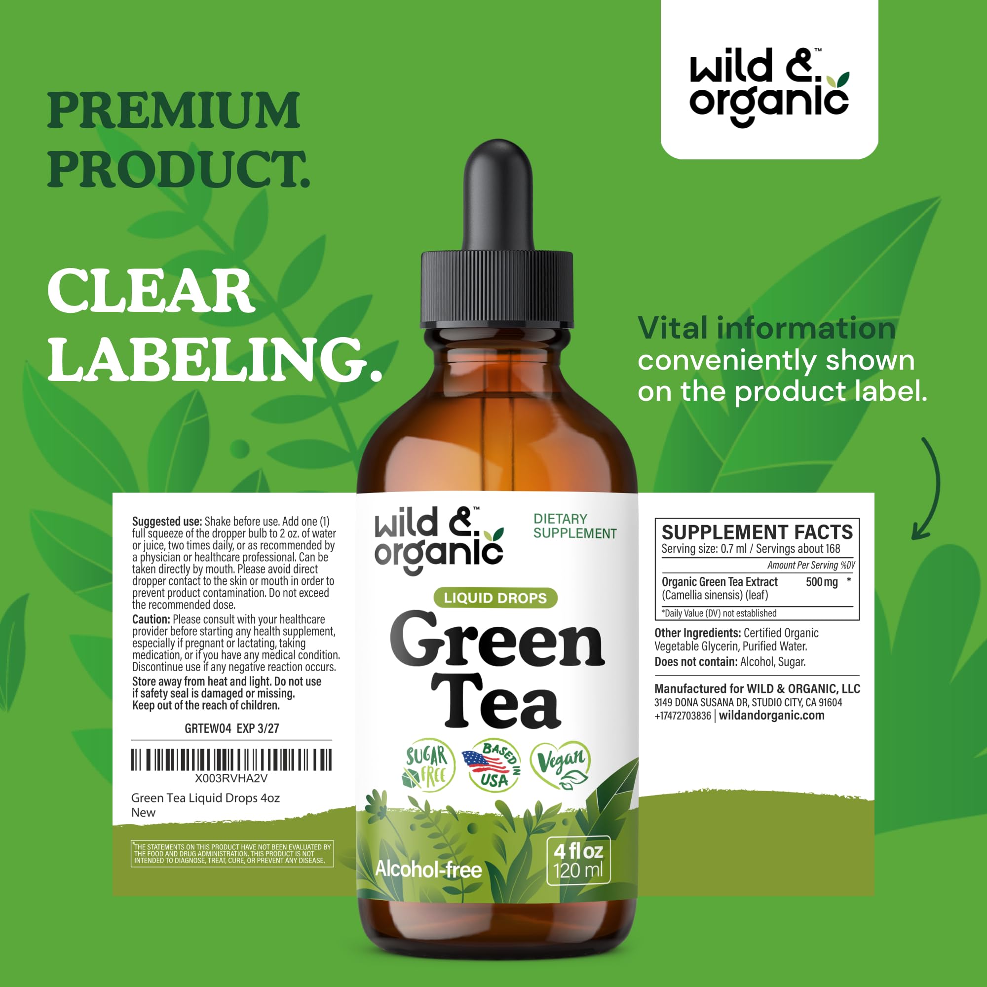 Wild & Organic té verde en gotas, duración de 84 días en un formato práctico.