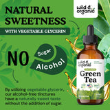 Wild & Organic té verde en gotas, envase de vidrio y base de glicerina para digestión suave.