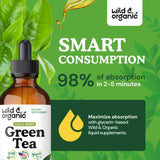 Wild & Organic té verde en gotas, etiqueta clara, ingrediente vegano para bienestar diario.