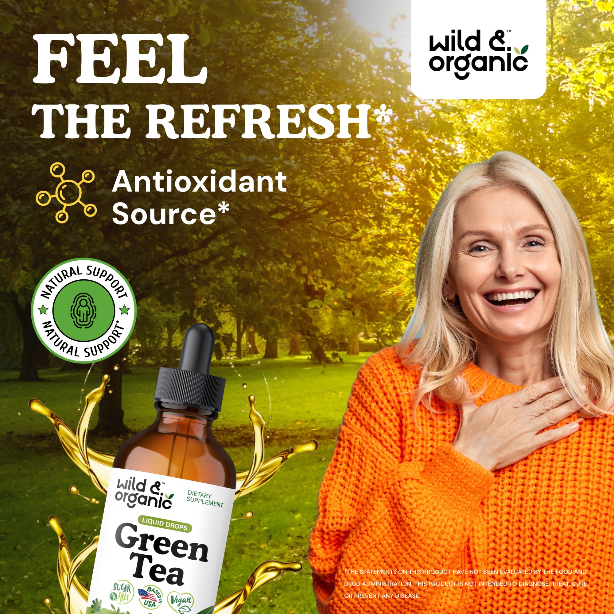 Wild & Organic té verde en gotas, gotero mostrado, fórmula vegetariana para consumo diario.