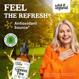 Wild & Organic té verde en gotas, gotero mostrado, fórmula vegetariana para consumo diario.