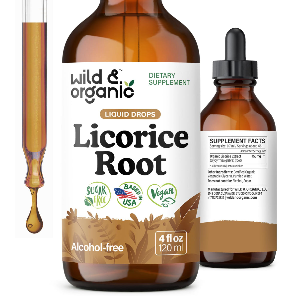 Wild & Organic tinctura de regaliz, botella frente, apoyo digestivo suave.