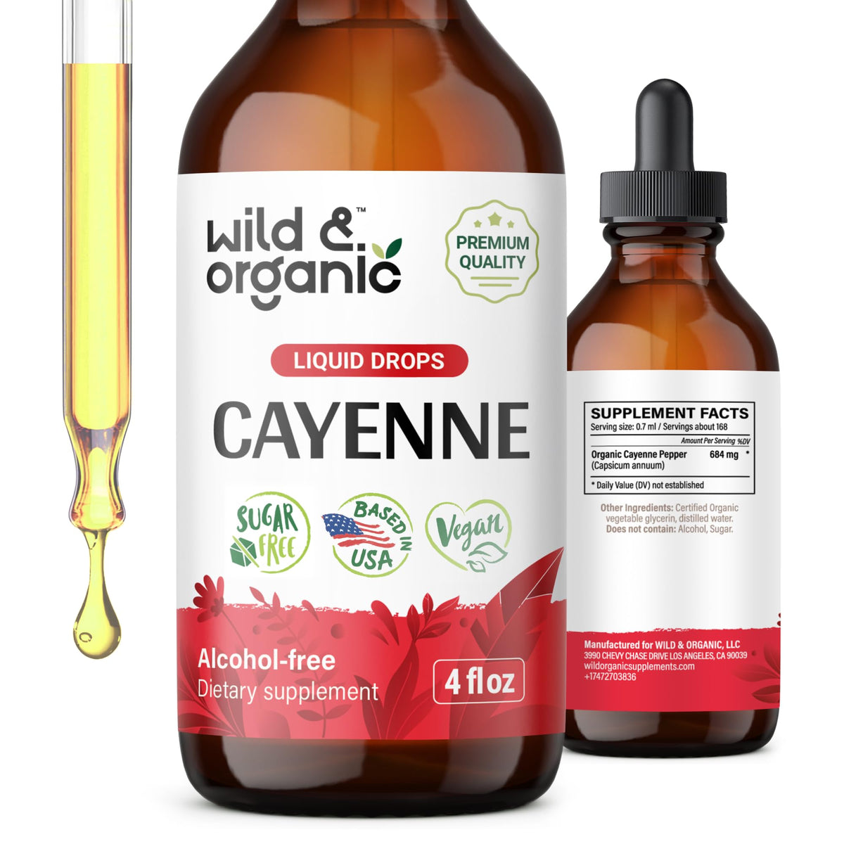Wild & Organic tintura de cayena frasco vertido facilita dosificación diaria