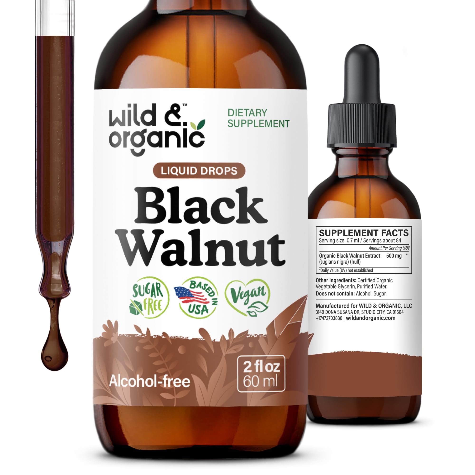 Wild & Organic tintura de nuez negra en frasco para apoyo digestivo natural.