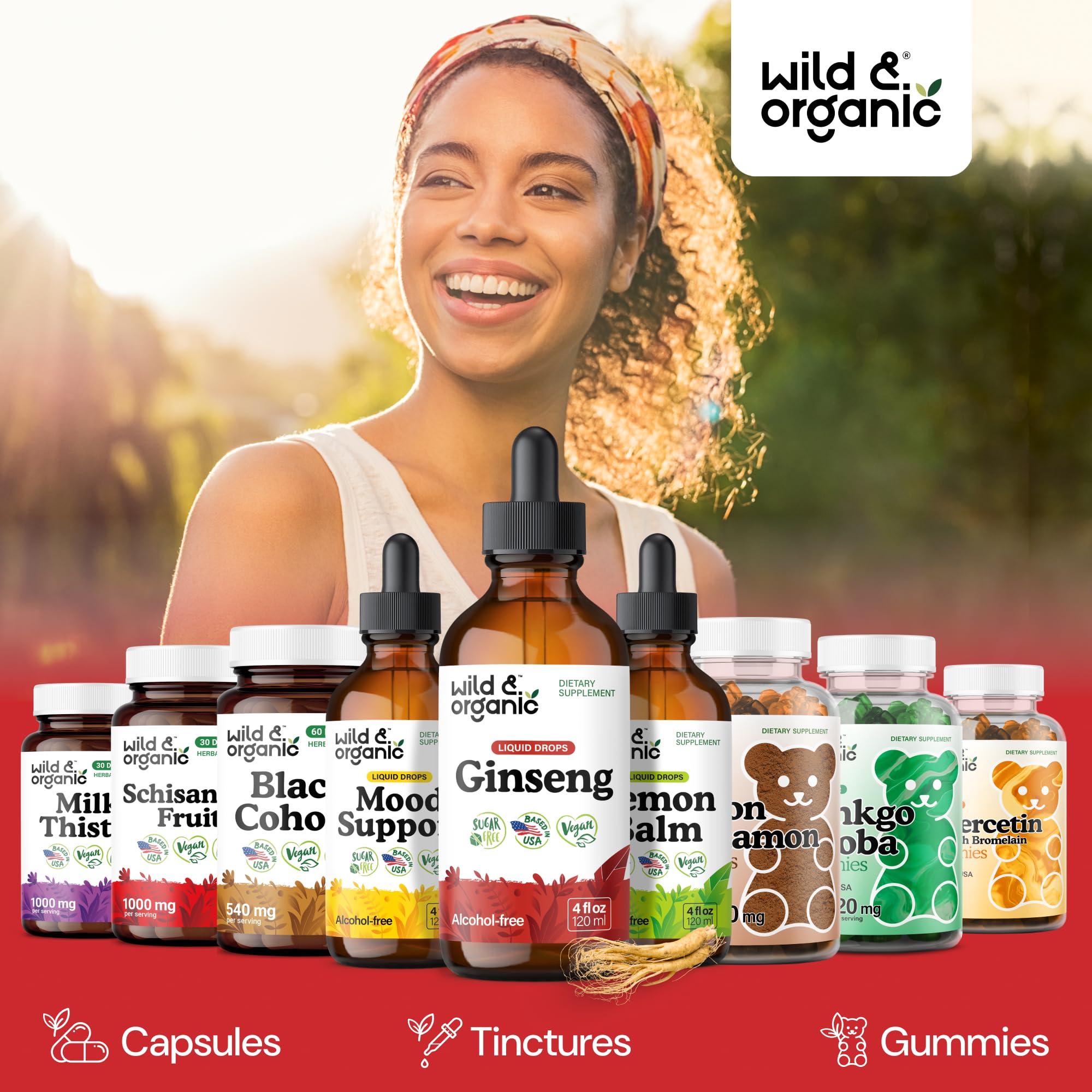 Wild & Organic tintura de ginseng con dulzura natural, sin azúcar.