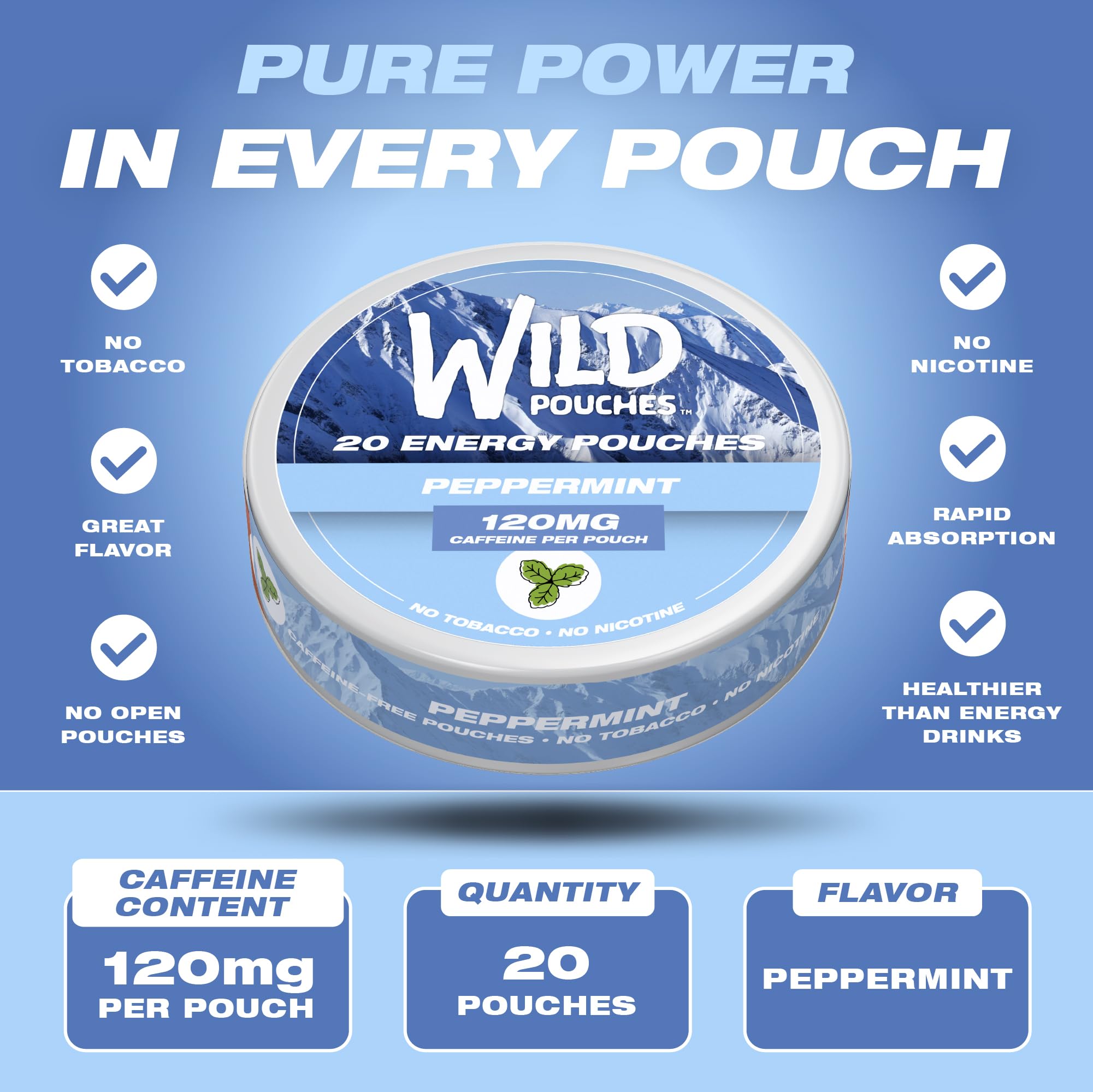 Wild Pouches bolsitas cafeína mentolada listas para llevar.