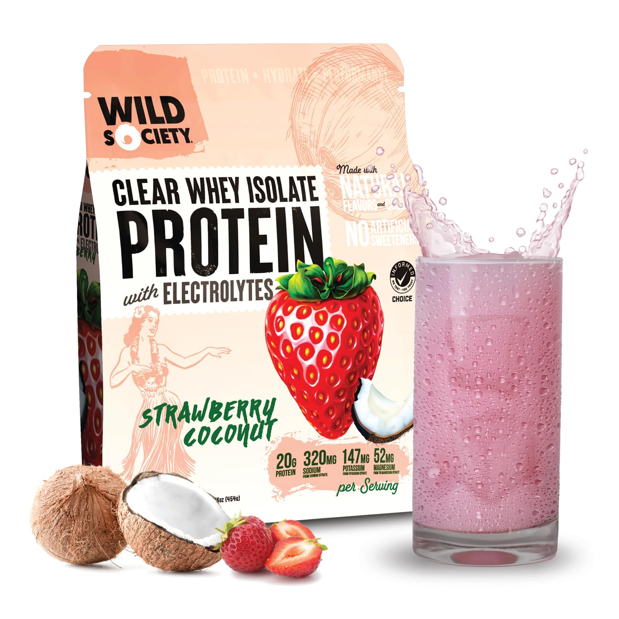 WILD SOCIETY Clear Whey en lata de 16 onzas, proteína refrescante con electrolitos para hidratación.