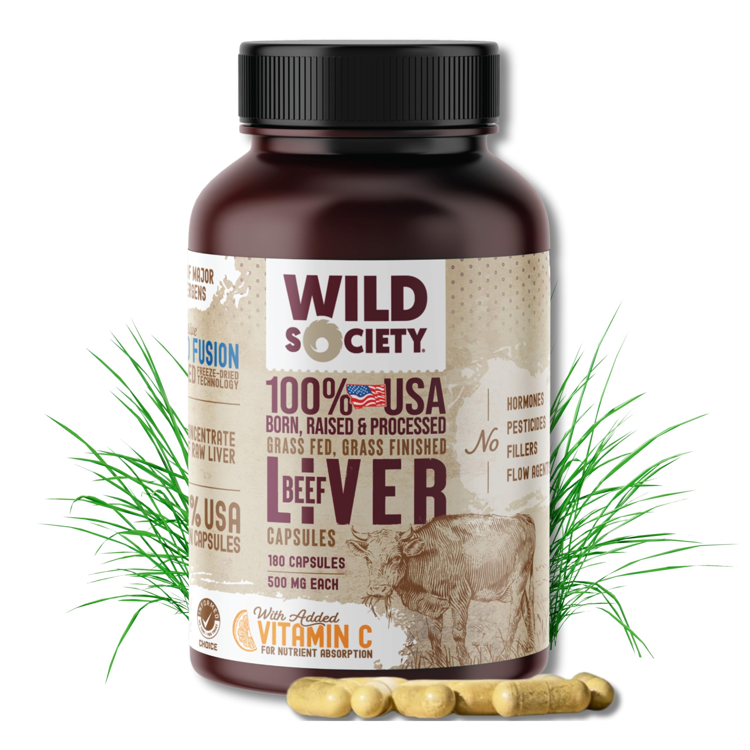 WILD SOCIETY Higado de vacuno en cápsulas 3000 mg para energía diaria.