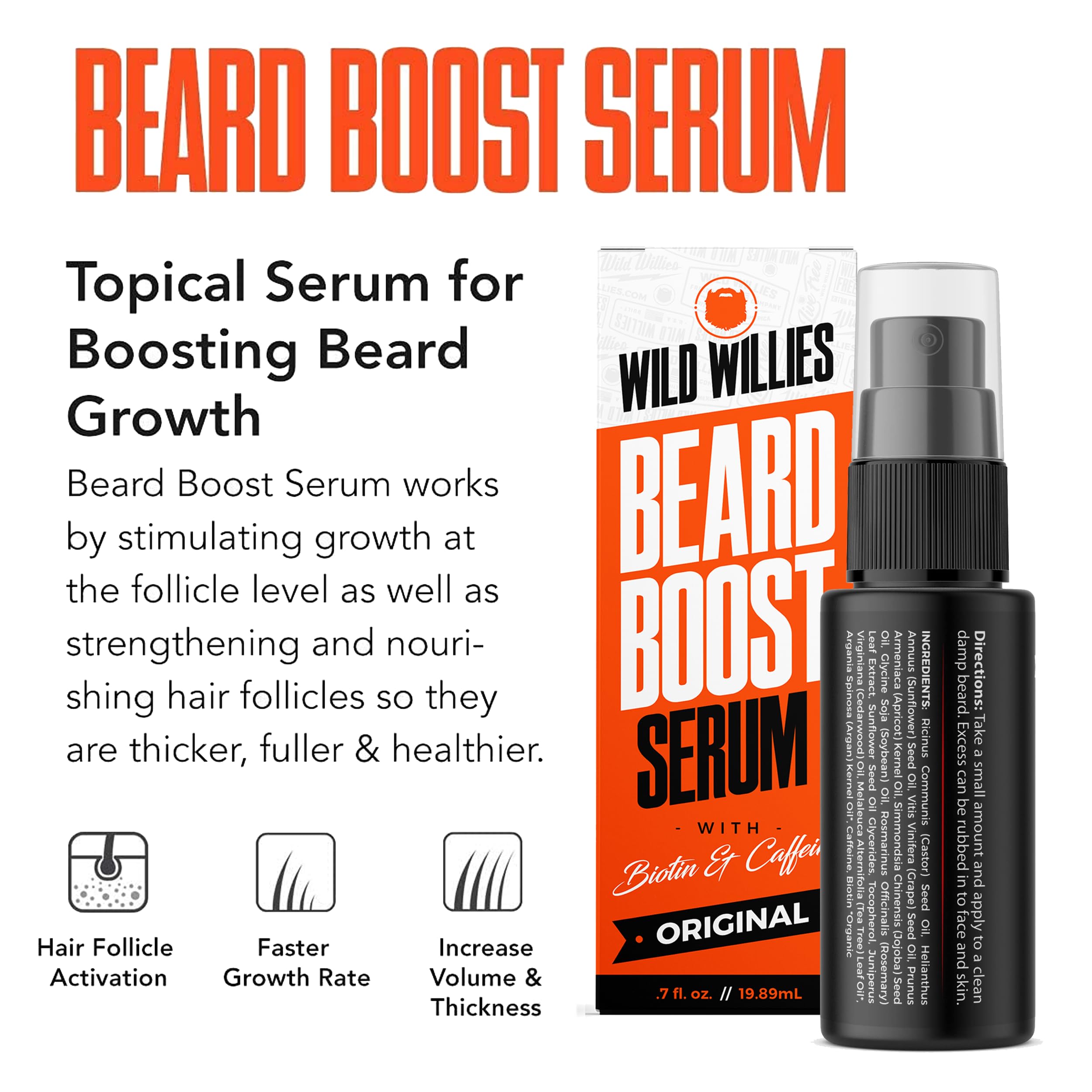Wild Willies botella sérum crecimiento barba con aplicación precisa.