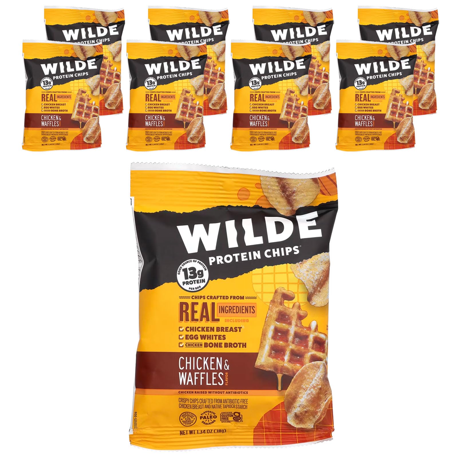 Chips proteicos Wilde Brands pollo y gofres en empaque, snack proteico práctico para cualquier momento.