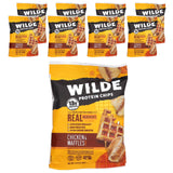 Chips proteicos Wilde Brands pollo y gofres en empaque, snack proteico práctico para cualquier momento.