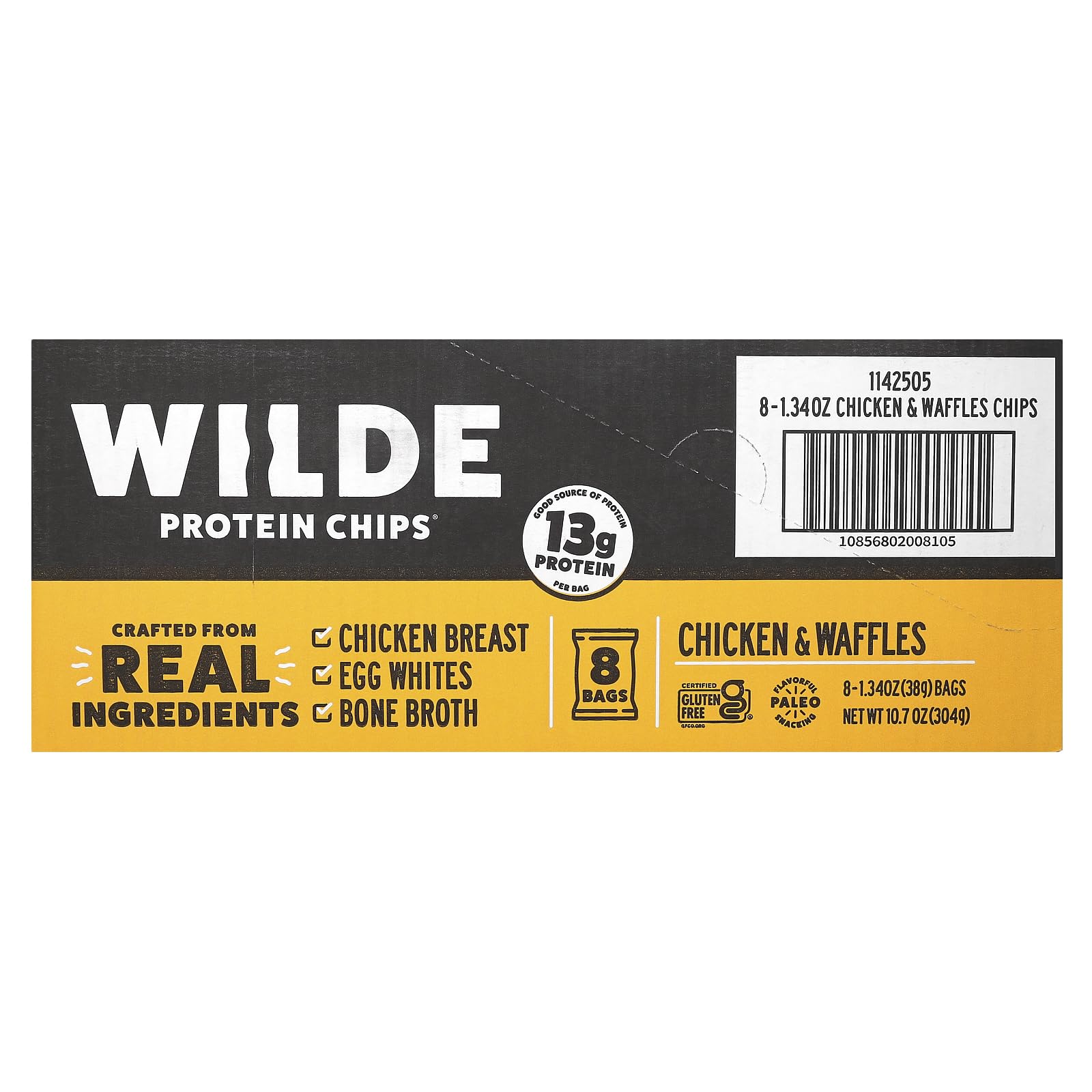 Presentación lista para llevar de Wilde Brands chips proteicos pollo y gofres, snack proteico para viajar.