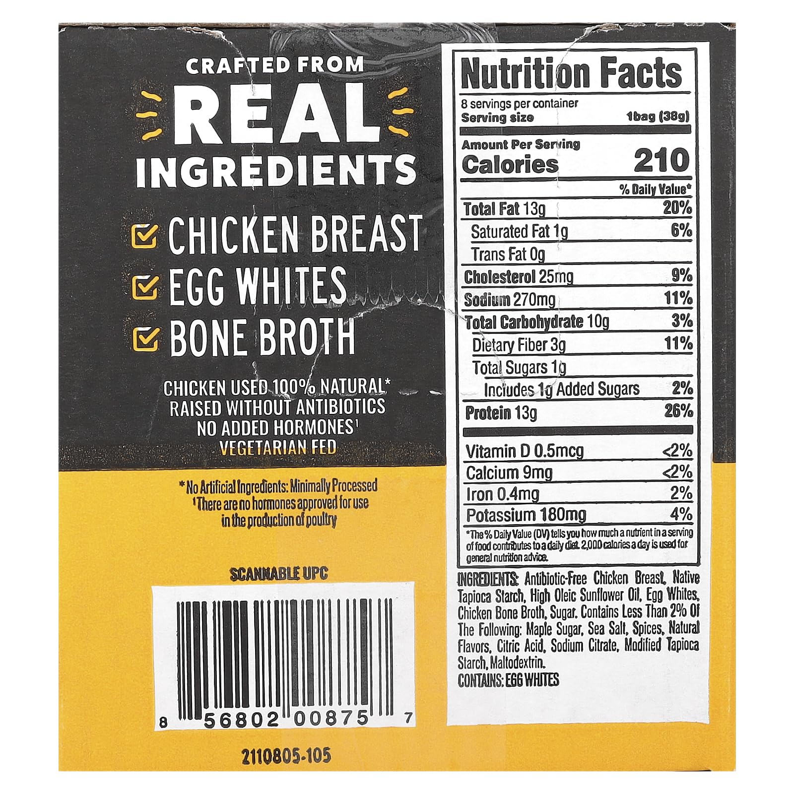Textura crujiente de Wilde Brands chips proteicos pollo y gofres, snack paleo sin gluten.
