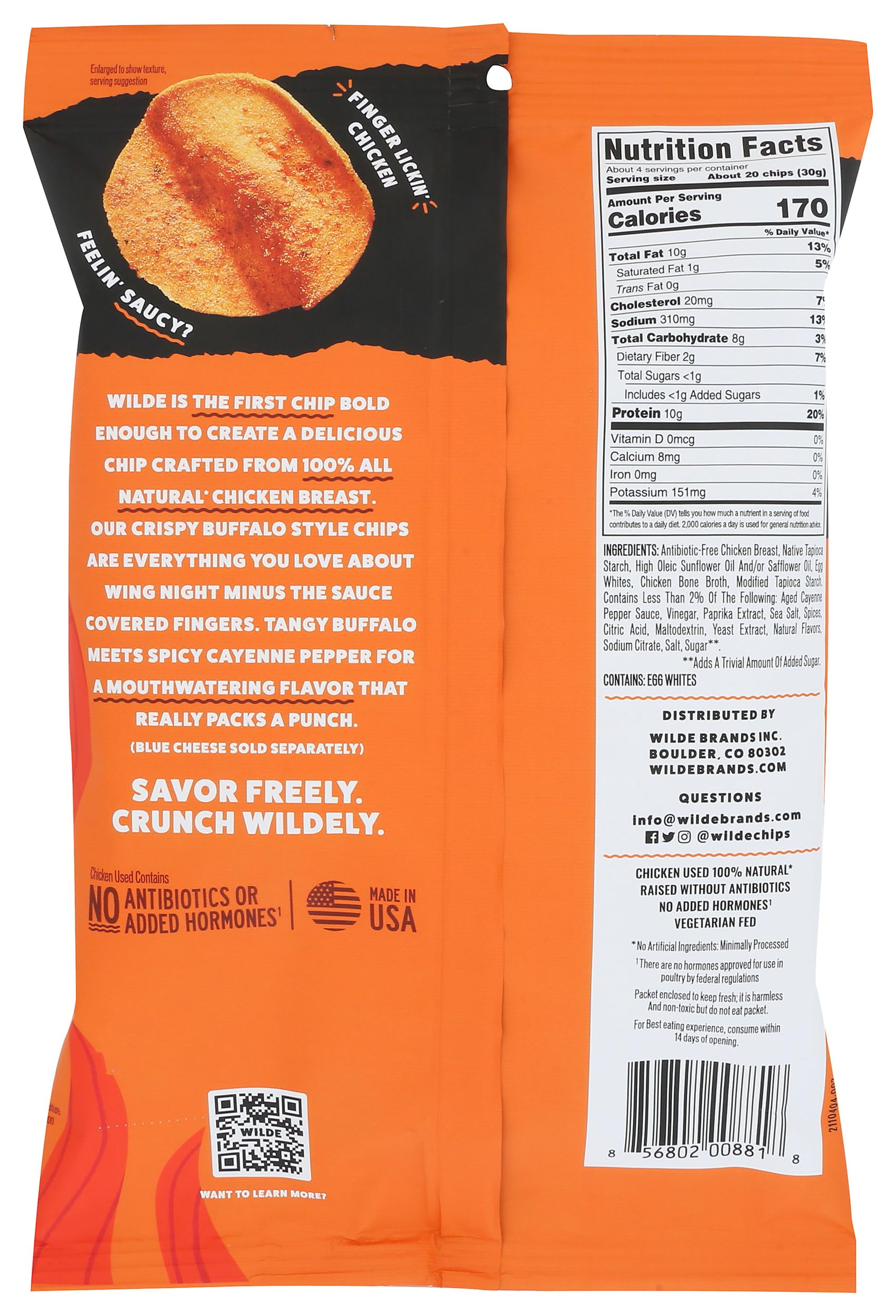 WILDE BRANDS Wilde Snacks Chips Proteína Buffalo 4oz, etiqueta detallada para compradores curiosos.
