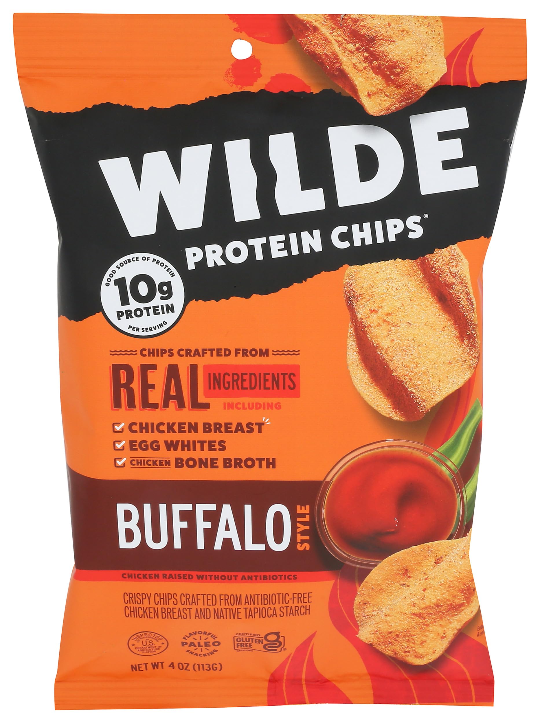 WILDE BRANDS Wilde Snacks Chips Proteína Buffalo 4oz, frontal, snack sabroso y proteico en cualquier momento.