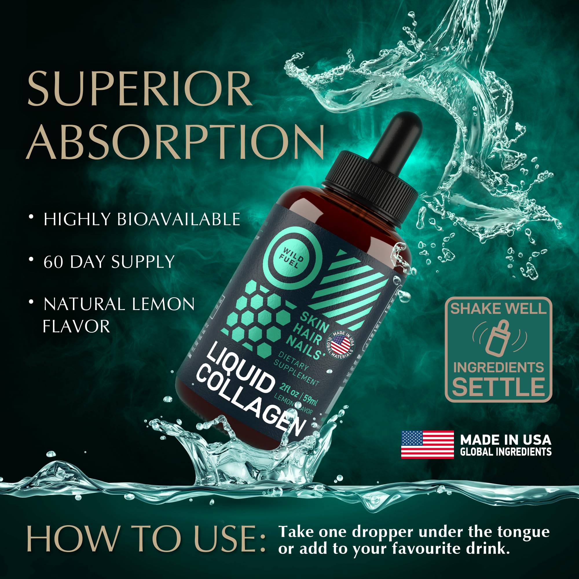 Gotero de WildFuel colágeno líquido con biotina listo para usar