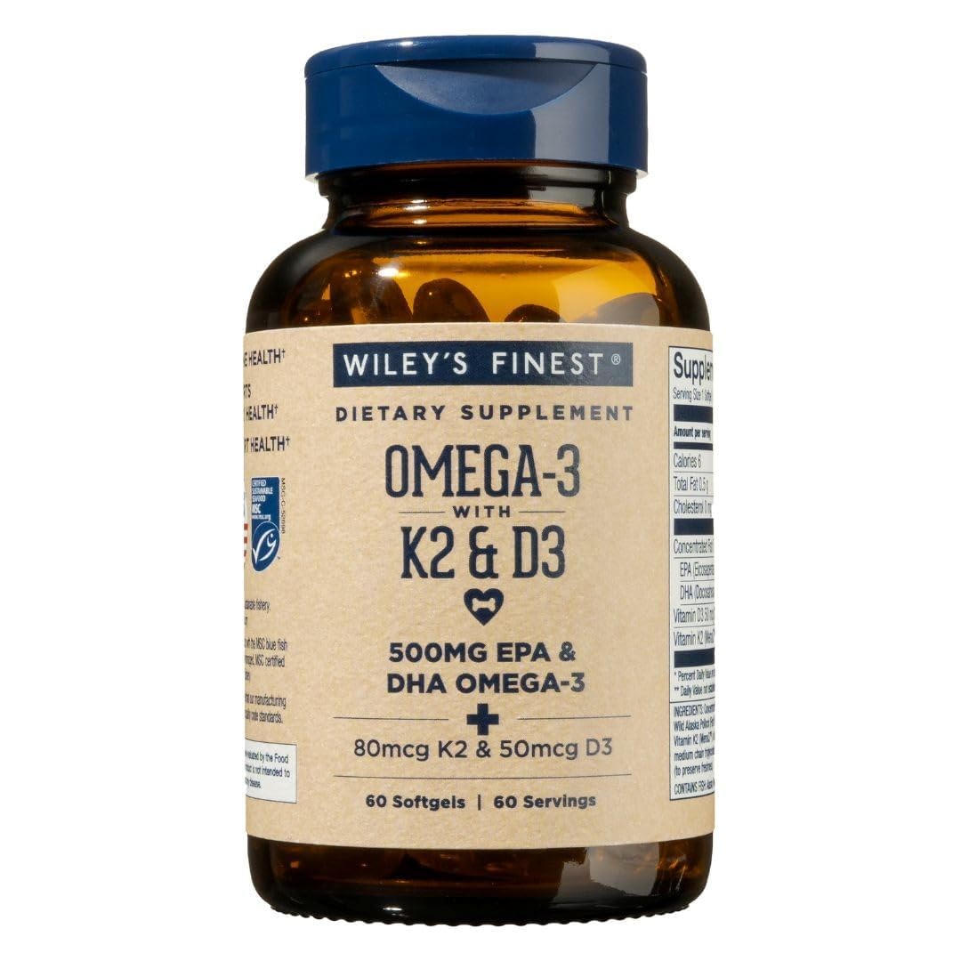 Wiley's Finest, botella de aceite de pescado, enfoque en la dosis diaria para bienestar.