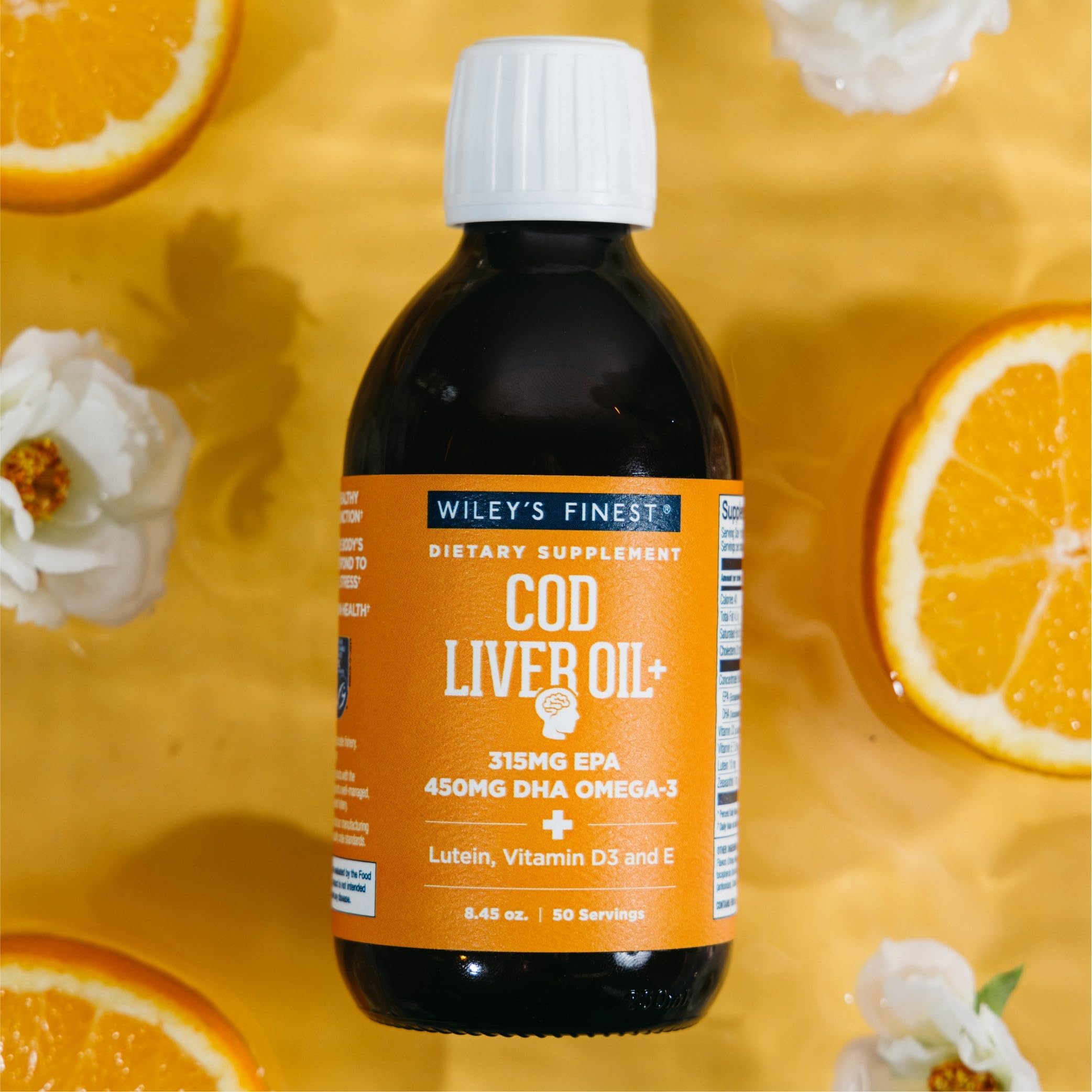 Wiley's Finest Cod Liver Oil, certificado MSC y origen sostenible mostrado.