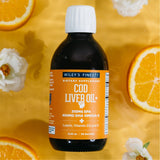Wiley's Finest Cod Liver Oil, certificado MSC y origen sostenible mostrado.