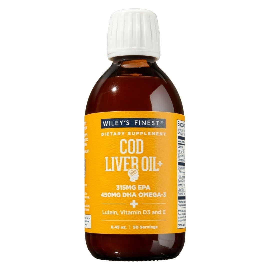 Wiley's Finest Cod Liver Oil, botella frontal, aporte omega-3 para el día a día.