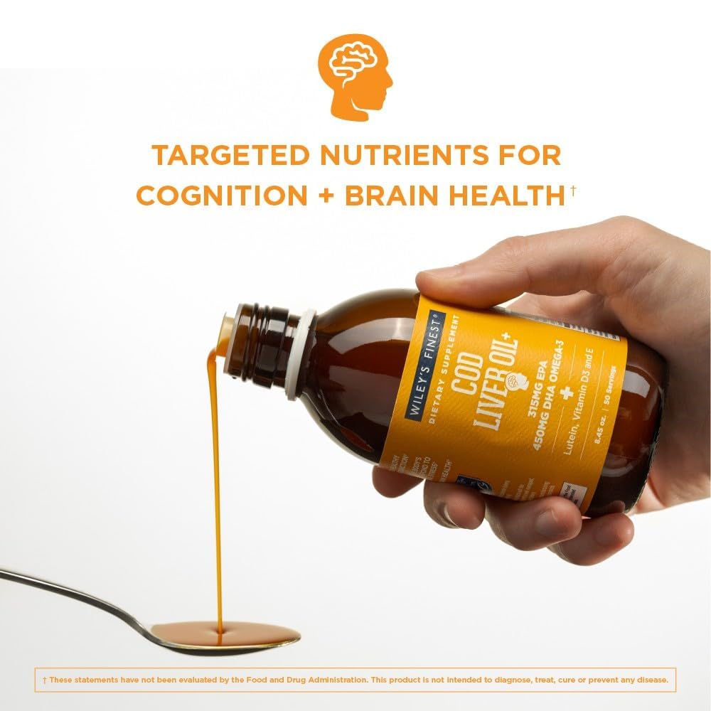 Wiley's Finest Cod Liver Oil, botella naranja vertiendo para consumo diario.